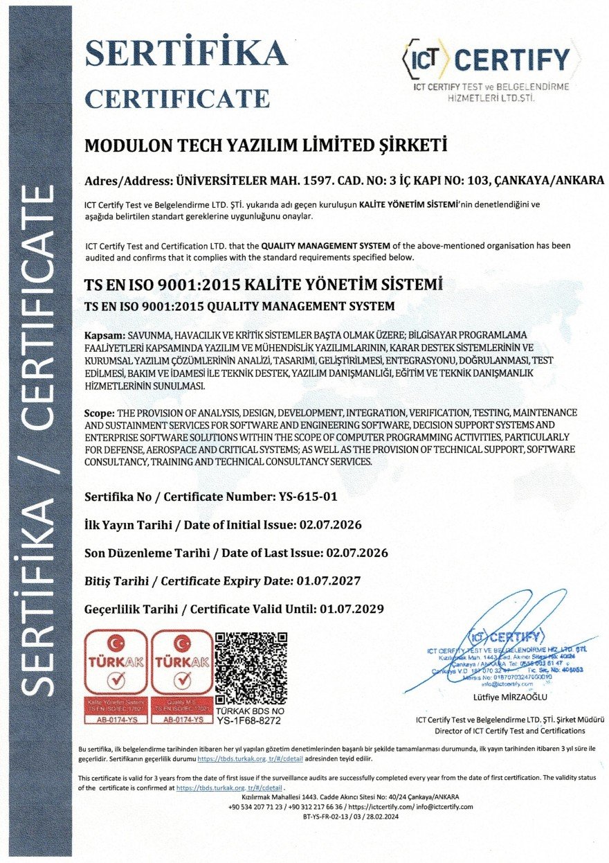 Modulon Tech ISO 9001:2015 Kalite Yönetim Sistemi Sertifikasını Aldı.